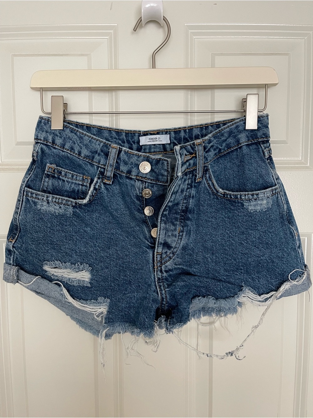 Forever 21 Dark Blue Distressed High-Rise Denim Shorts